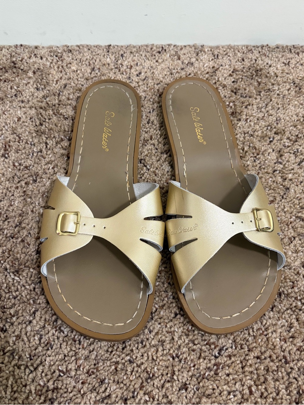 Salt Water Classic Slide Leather Sandal, Gold, Women's Size 11